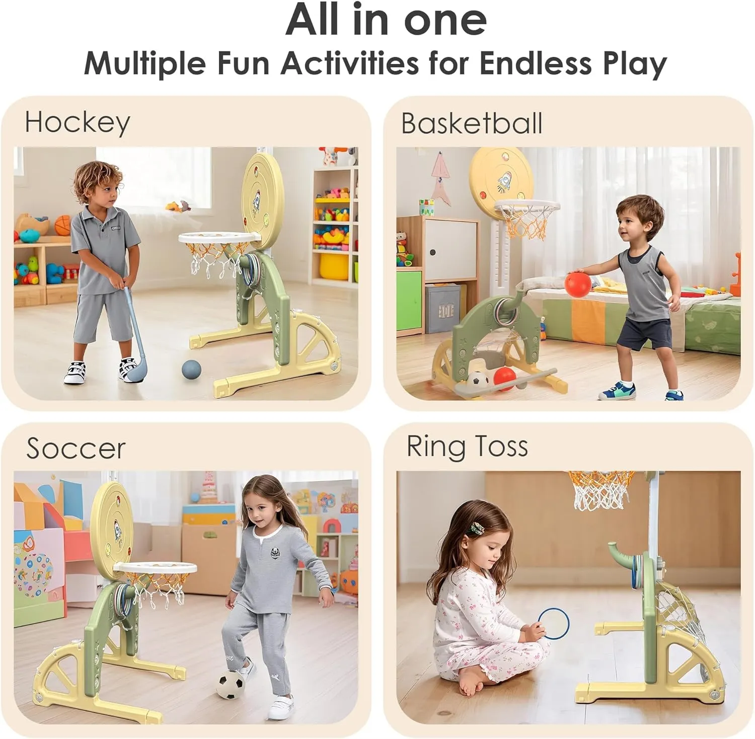 4-in-1 Toddler Basketball Hoop Adjustable Height Indoor Outdoor Sports Center for Kids Aged 1-3 Basketball, Soccer, Hockey & Ring Toss, Yellow and Green