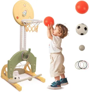4-in-1 Toddler Basketball Hoop Adjustable Height Indoor Outdoor Sports Center for Kids Aged 1-3 Basketball, Soccer, Hockey & Ring Toss, Yellow and Green