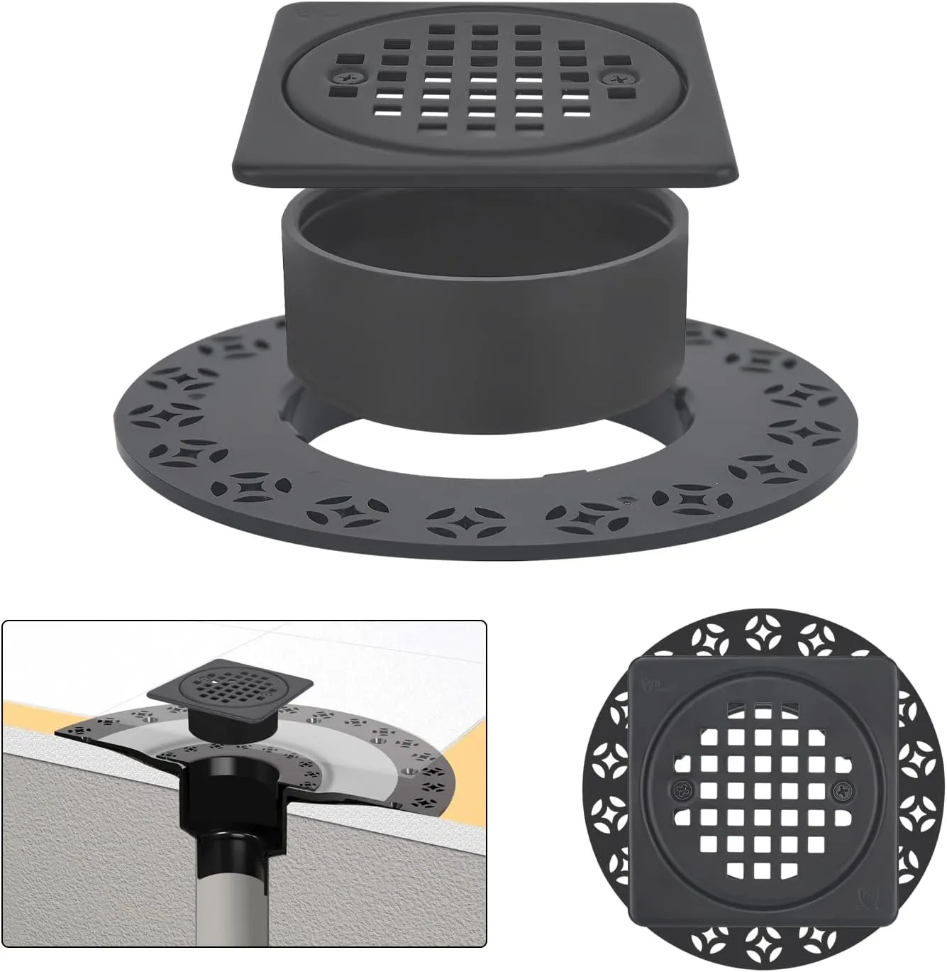 4” Matte Black Shower Drain Grate Kit Replacement - Compatible with Schluter Kerdi-Drain Flange - Square Shower Floor Drain with Adjustable Collar - 304 Stainless Steel Grate