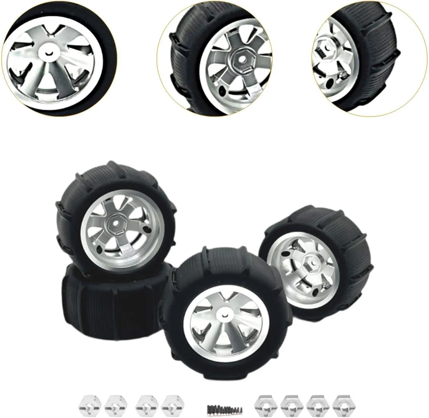 4 Pack of RC Car Wheels and Tires for Crawler Vehicles in Multiple Sizes, Silver
