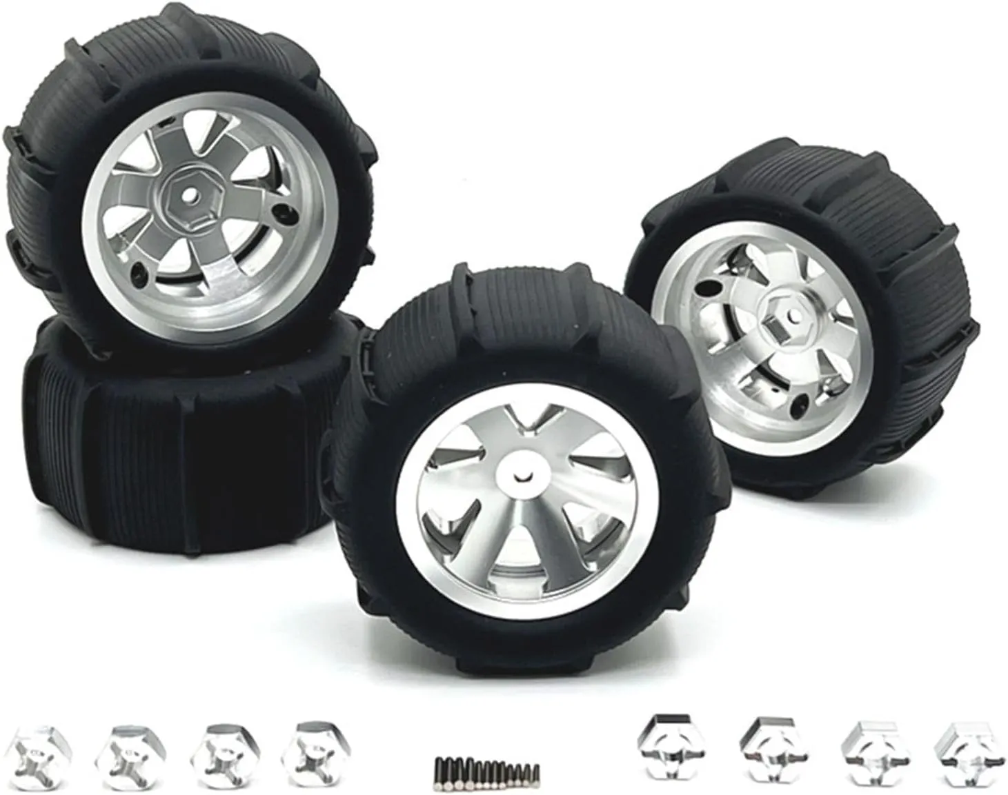 4 Pack of RC Car Wheels and Tires for Crawler Vehicles in Multiple Sizes, Silver