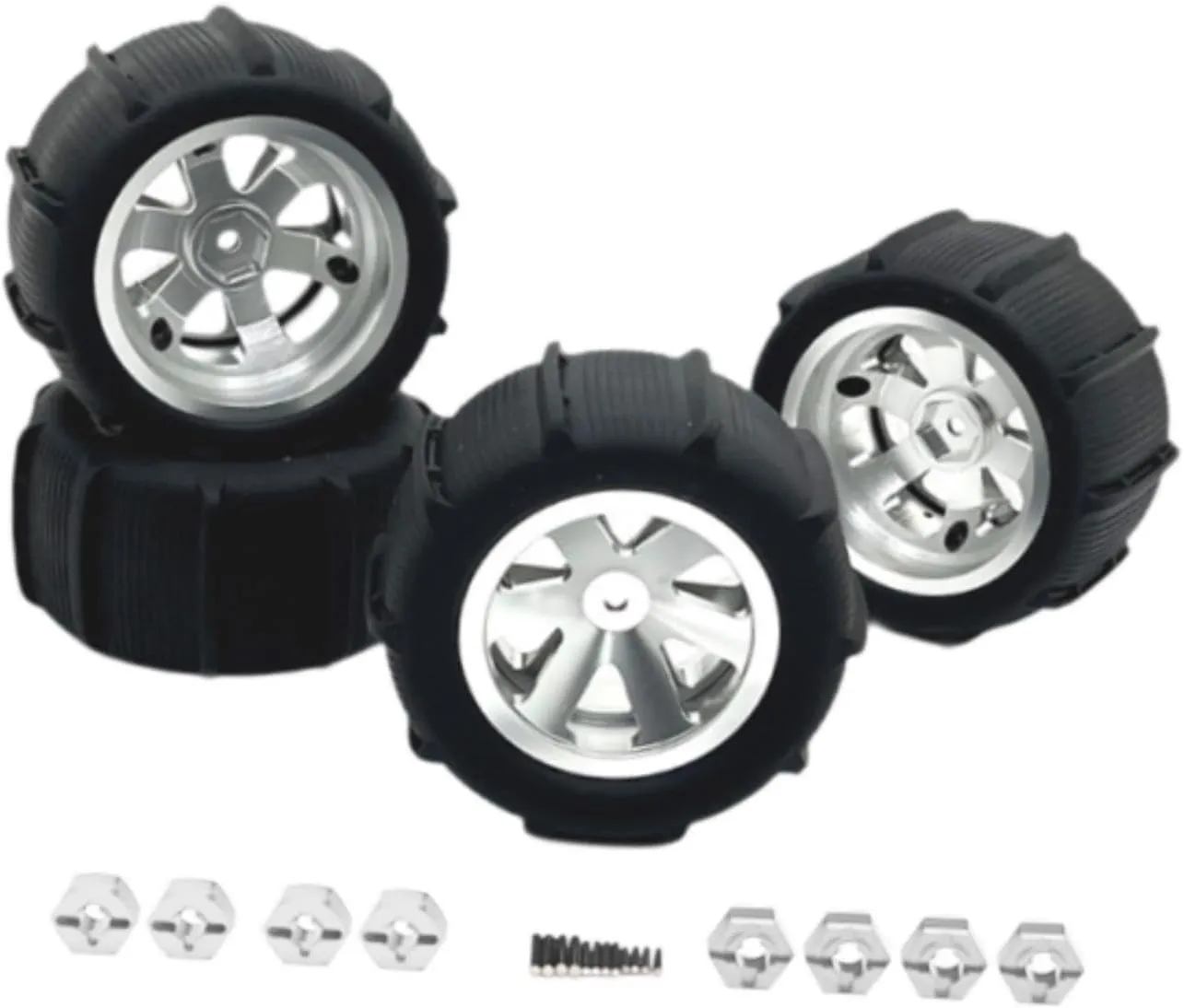 4 Pack of RC Car Wheels and Tires for Crawler Vehicles in Multiple Sizes, Silver