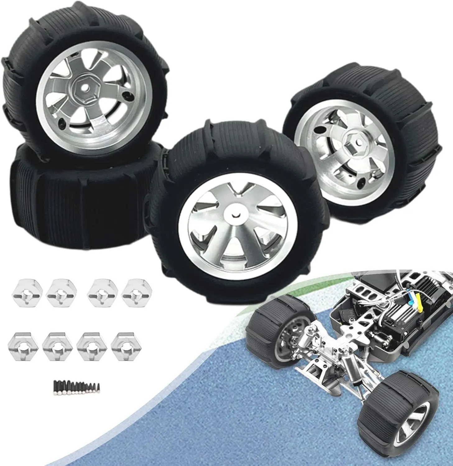 4 Pack of RC Car Wheels and Tires for Crawler Vehicles in Multiple Sizes, Silver