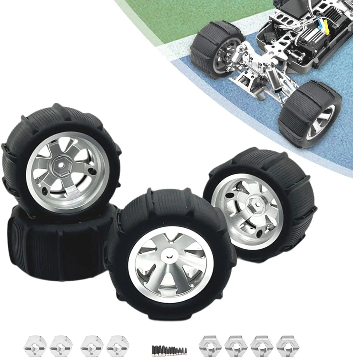4 Pack of RC Car Wheels and Tires for Crawler Vehicles in Multiple Sizes, Silver