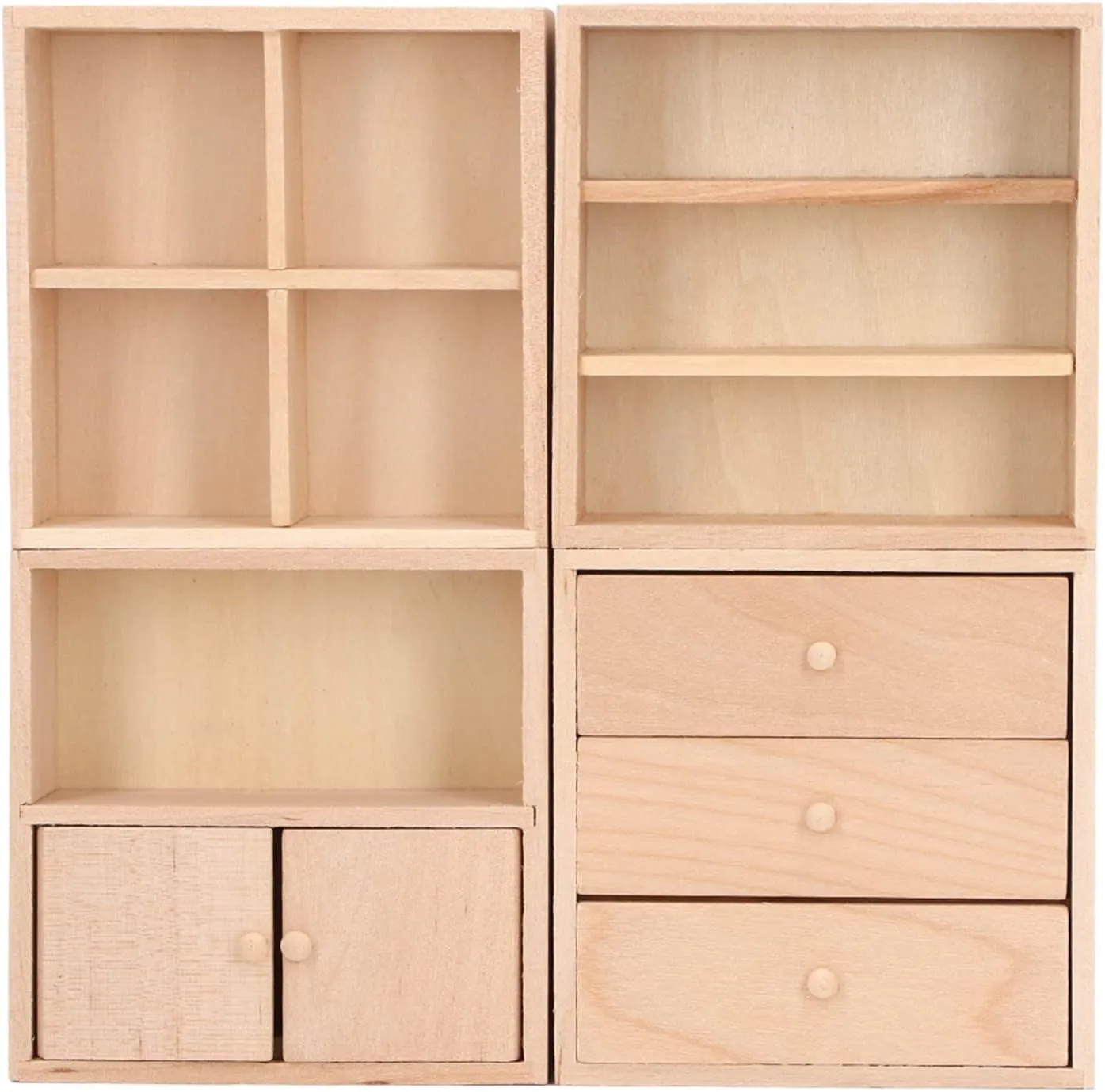 4 Pcs 1:12 Doll House Cabinet Set Simple Design Practical Lifelike Miniature Wooden Dollhouse Furniture Cabinet, Dollhouse Cabinet Set, Wooden Dollhouse Furniture, Display Cabinet