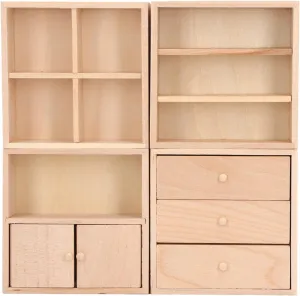 4 Pcs 1:12 Doll House Cabinet Set Simple Design Practical Lifelike Miniature Wooden Dollhouse Furniture Cabinet, Dollhouse Cabinet Set, Wooden Dollhouse Furniture, Display Cabinet