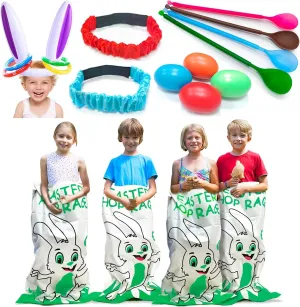 4 Player 19 Pcs Easter Party Games Outdoor Family Kids, 4 Potato Sack Race Bags, 4 Egg & Spoon Race Games,2 Legged Relay Bands,Bunny Ear with 4 Ring Toss Easter Activities Carnival Hunt Yard School