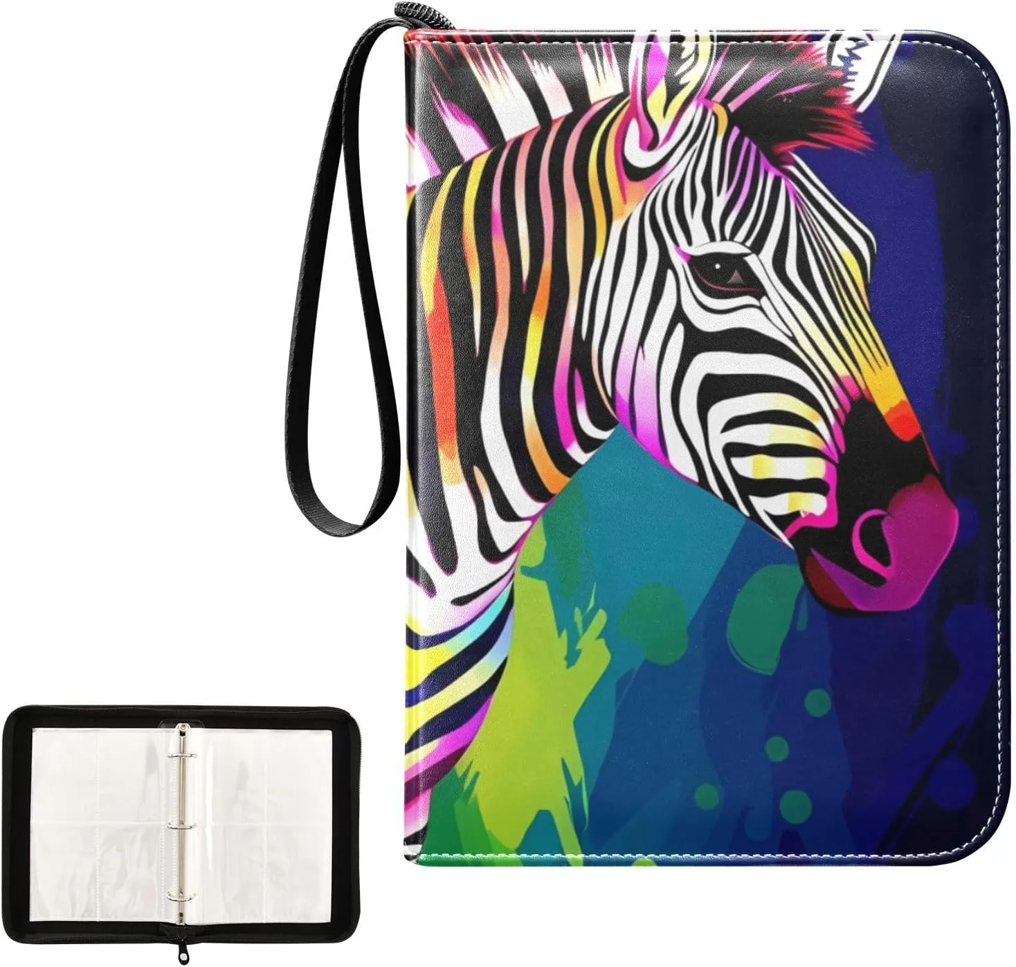 4 Pockets Trading Card Album Holder Book Folder Sports Card Binder Colorful Zebra 400 Double Side Pockets for 3 Ring Binder Zipper