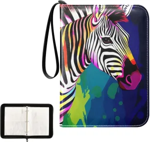 4 Pockets Trading Card Album Holder Book Folder Sports Card Binder Colorful Zebra 400 Double Side Pockets for 3 Ring Binder Zipper