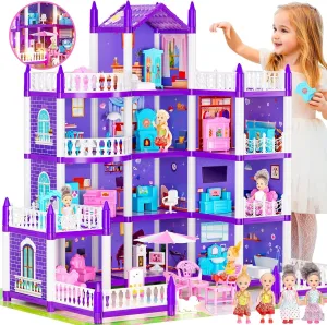 4 Stories Dollhouse for Girls, DIY Doll House Accessories Playhouse with Furniture and 11 Rooms, Pretend Play House with Lights for Kids, Portable Building Dolls Playset Toys Kit Gift for Ages 6 