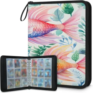 400 Card Binder 4 Pocket Colorful Fish Swimming Portable Trading Cards Holder Collector Album for Sports Game Cards 50 Pages Removable Sleeves Double Sided Pocket Sturdy Zipper Gifts Ready