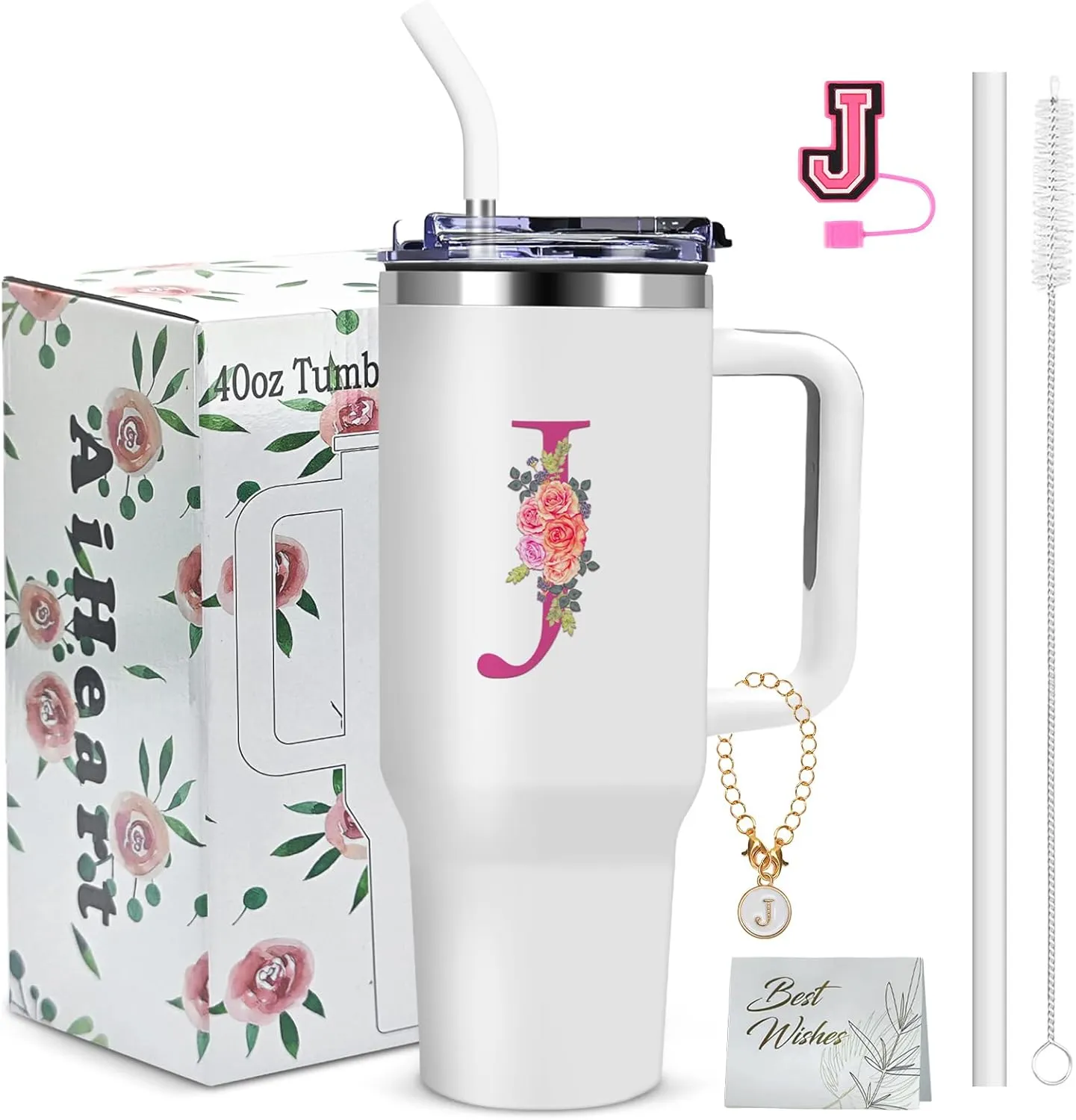 40oz Initial Tumbler,Personalized Gift for Women,Sister,Wife,Best Friend,Monogrammed Gifts for Birthday, Christmas,Custom Tumbler,Cute Tumbler with Straws-J, White