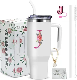 40oz Initial Tumbler,Personalized Gift for Women,Sister,Wife,Best Friend,Monogrammed Gifts for Birthday, Christmas,Custom Tumbler,Cute Tumbler with Straws-J, White