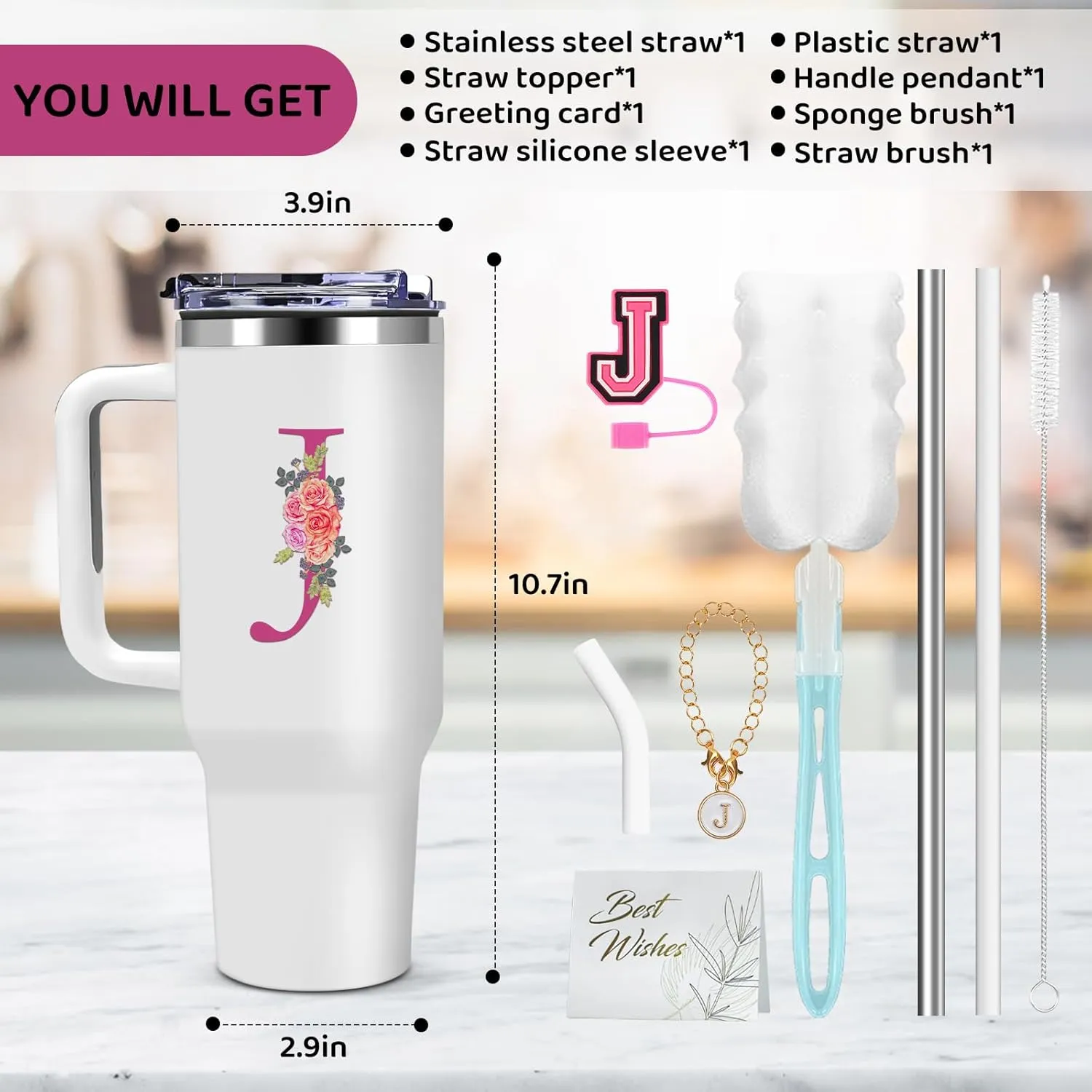 40oz Initial Tumbler,Personalized Gift for Women,Sister,Wife,Best Friend,Monogrammed Gifts for Birthday, Christmas,Custom Tumbler,Cute Tumbler with Straws-J, White