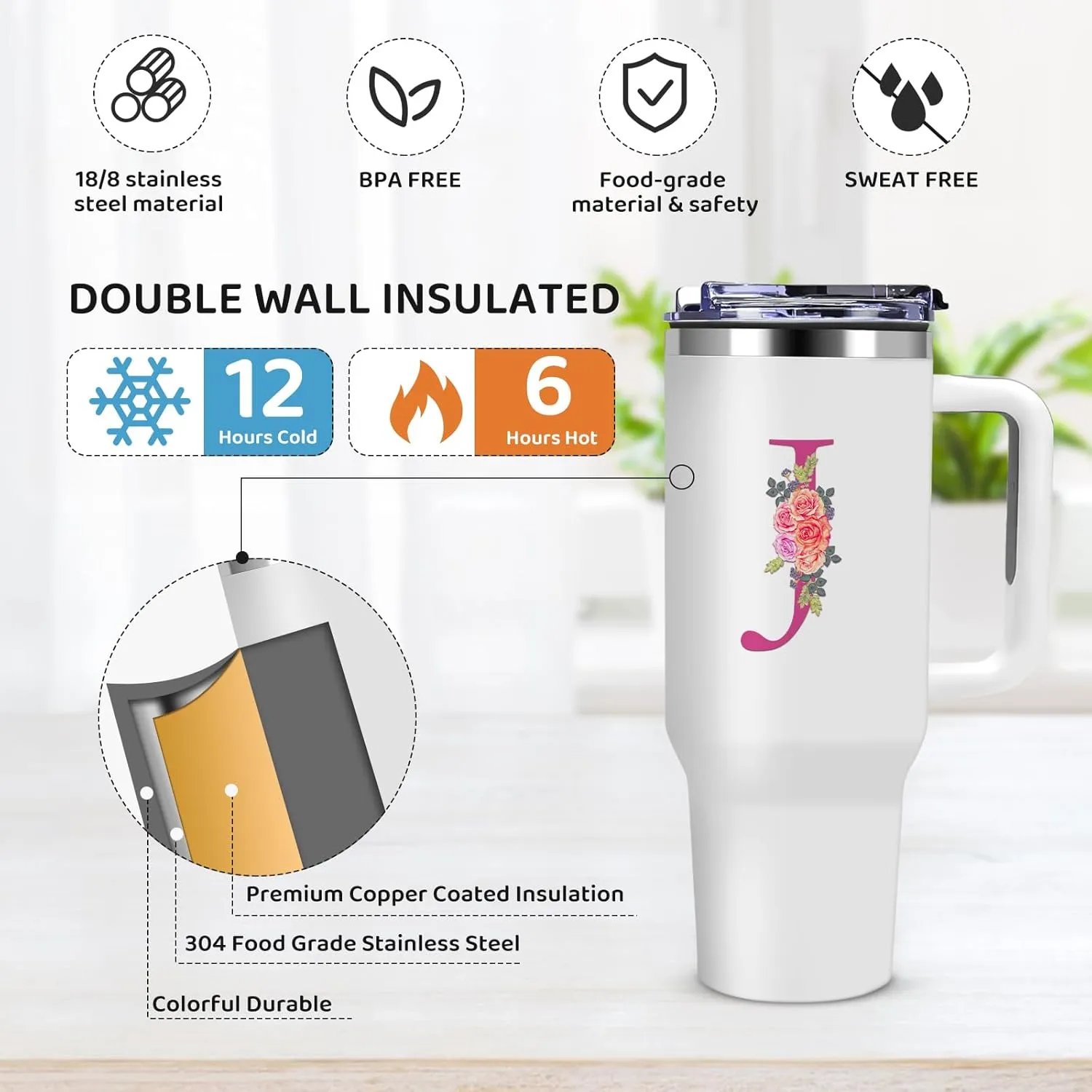 40oz Initial Tumbler,Personalized Gift for Women,Sister,Wife,Best Friend,Monogrammed Gifts for Birthday, Christmas,Custom Tumbler,Cute Tumbler with Straws-J, White