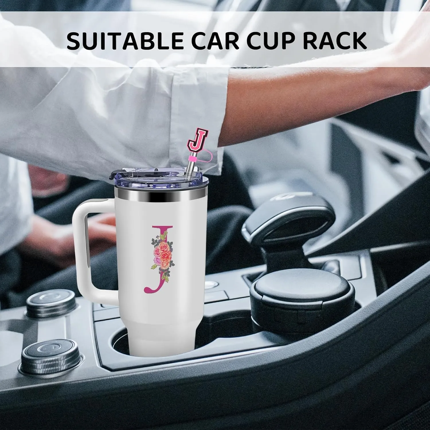 40oz Initial Tumbler,Personalized Gift for Women,Sister,Wife,Best Friend,Monogrammed Gifts for Birthday, Christmas,Custom Tumbler,Cute Tumbler with Straws-J, White