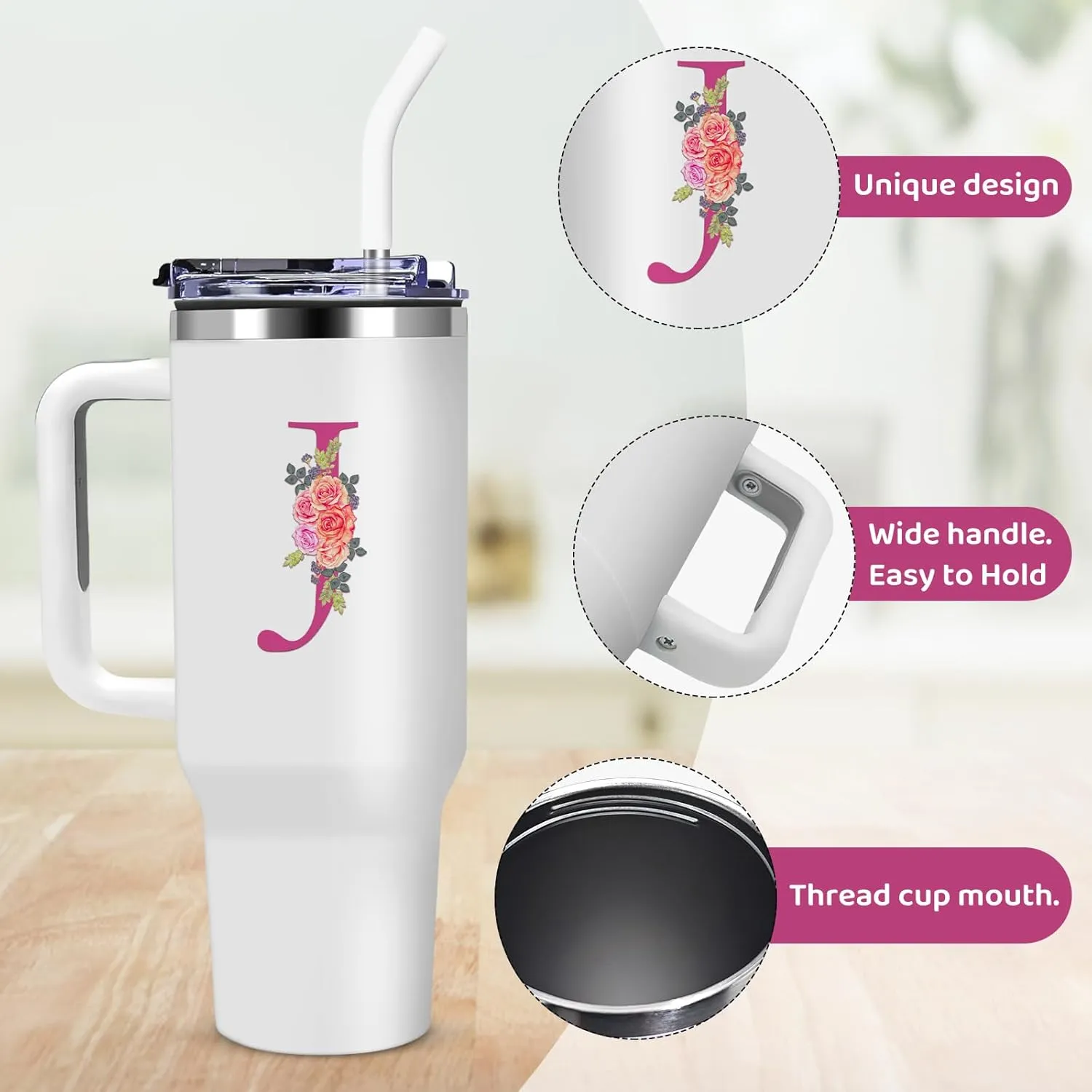 40oz Initial Tumbler,Personalized Gift for Women,Sister,Wife,Best Friend,Monogrammed Gifts for Birthday, Christmas,Custom Tumbler,Cute Tumbler with Straws-J, White