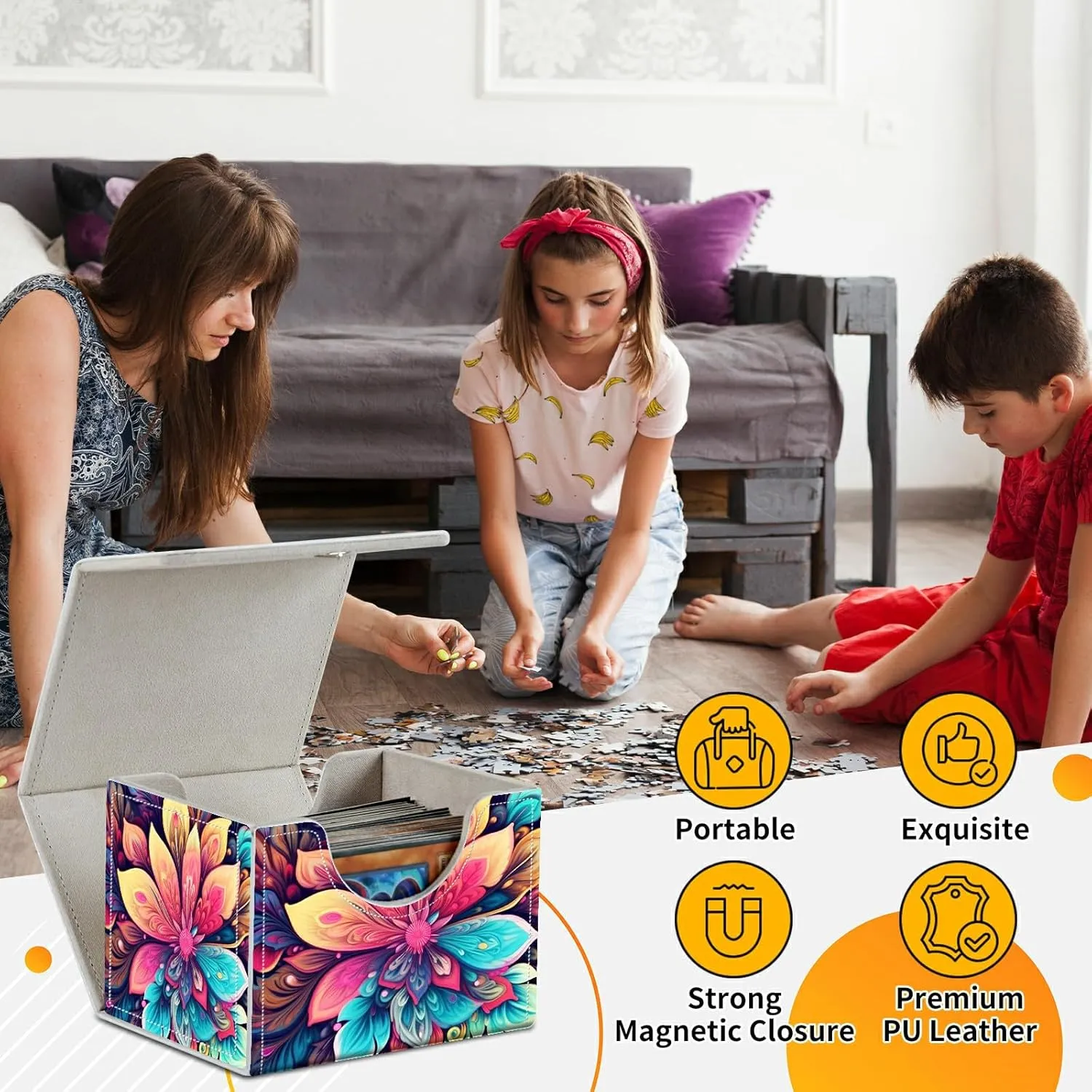 4.13x3.07x3.26 inch Card Deck Box Trading Cards Storage Box with Strong Magnet Premium Case Commander Deck Box Storage Cover for TCG CCG Magic Cards,Colorful Flowers