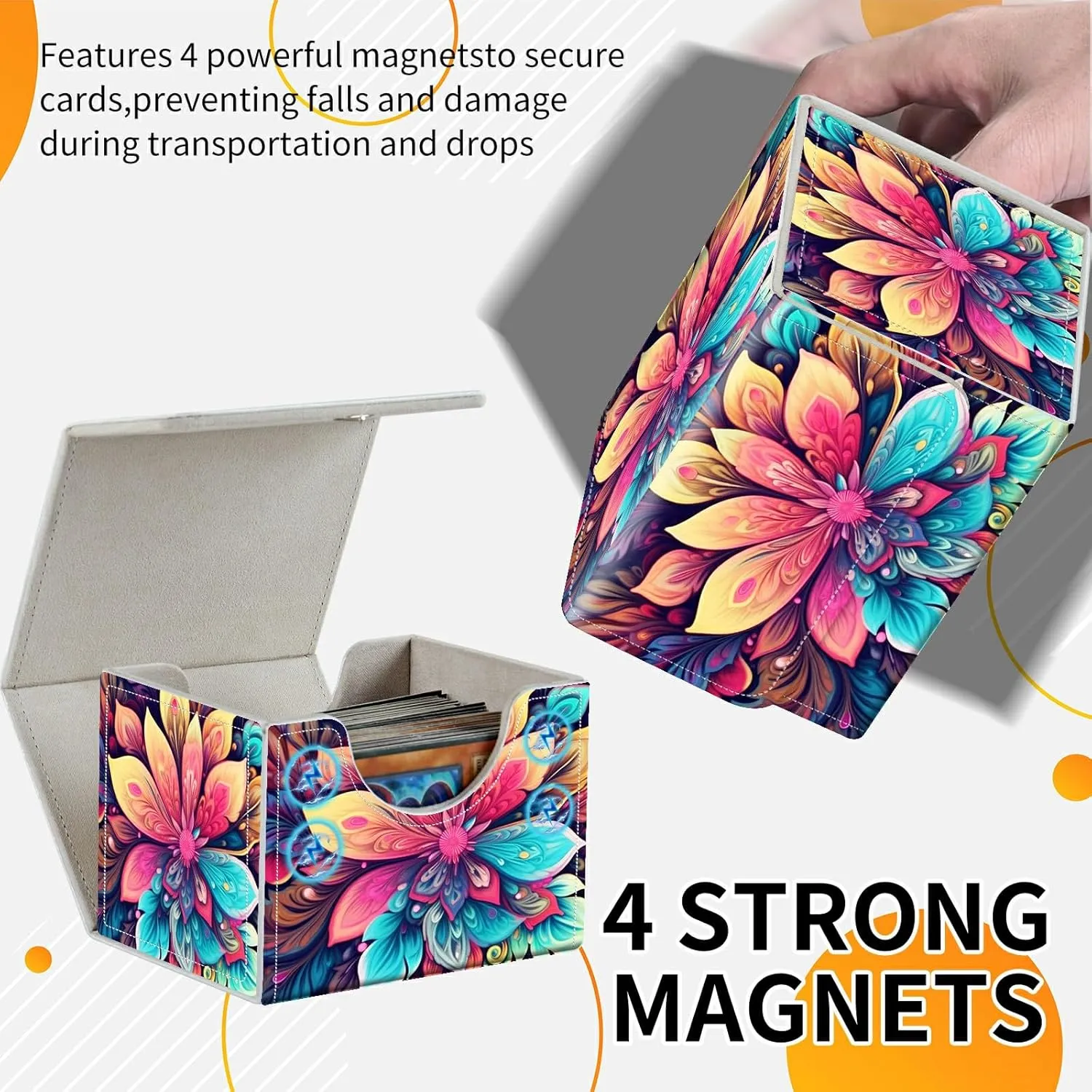 4.13x3.07x3.26 inch Card Deck Box Trading Cards Storage Box with Strong Magnet Premium Case Commander Deck Box Storage Cover for TCG CCG Magic Cards,Colorful Flowers