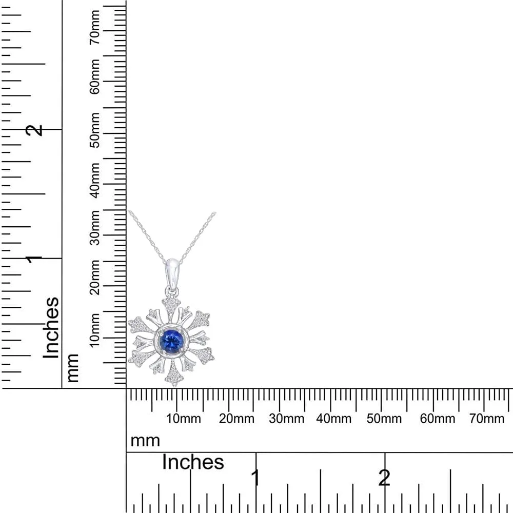 4.5MM Round Lab Created Blue Sapphire & 1/10 CTTW Natural White Diamond Snowflake Pendant Necklace in 14K Gold Over Sterling Silver Along with 18" Chain