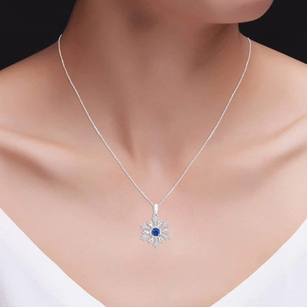 4.5MM Round Lab Created Blue Sapphire & 1/10 CTTW Natural White Diamond Snowflake Pendant Necklace in 14K Gold Over Sterling Silver Along with 18" Chain