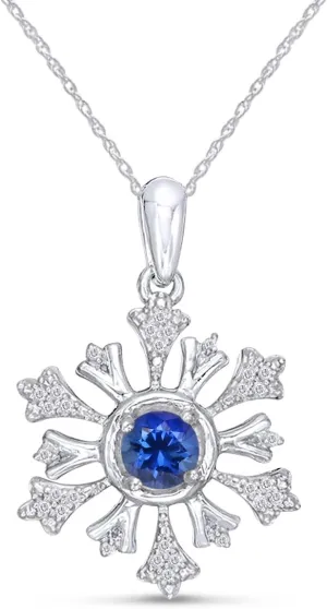 4.5MM Round Lab Created Blue Sapphire & 1/10 CTTW Natural White Diamond Snowflake Pendant Necklace in 14K Gold Over Sterling Silver Along with 18" Chain