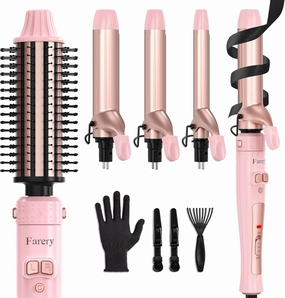 4-in-1 Interchangeable Automatic Rotating Curling Iron & Thermal Brush Set, 0.75''/1''/1.25'' Curling Iron & 1.5'' Heating Round Curling Brush, ONE Heat 410°F, Pink