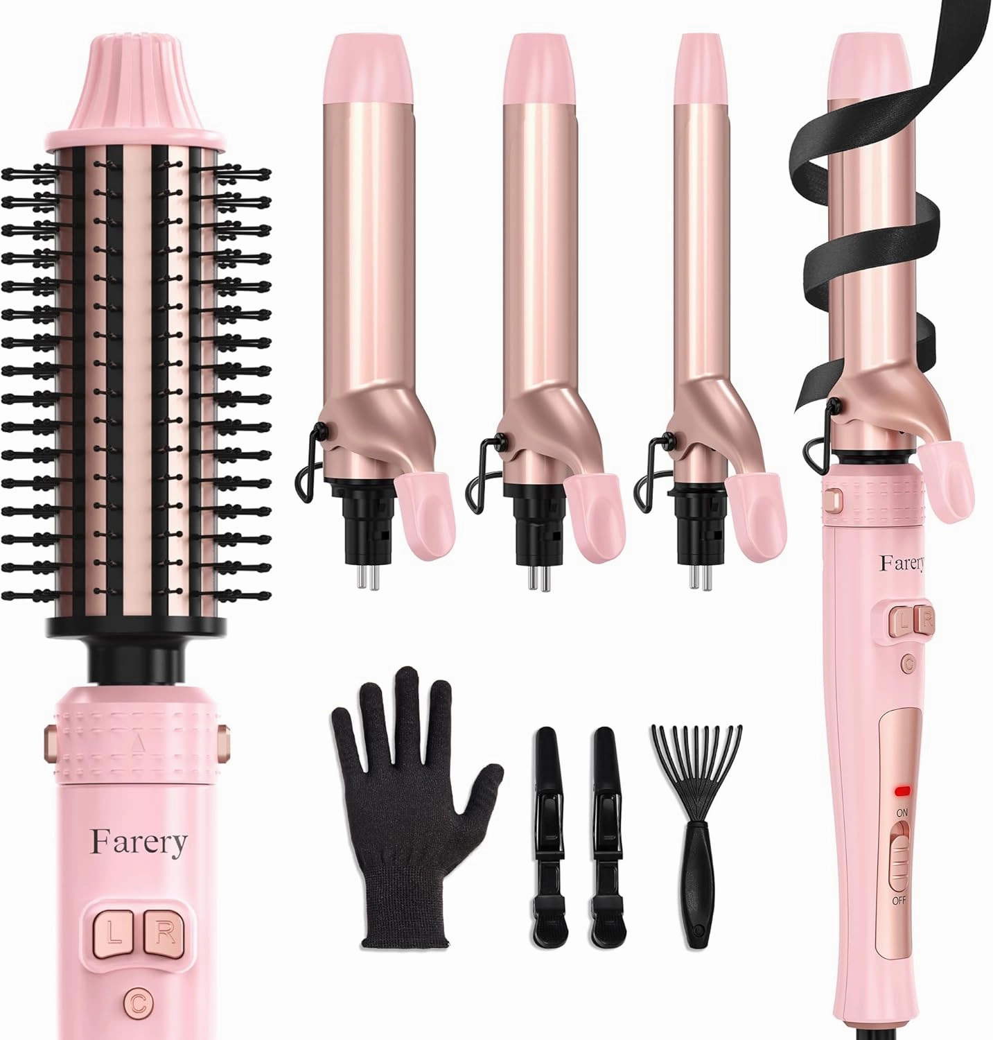 4-in-1 Interchangeable Automatic Rotating Curling Iron & Thermal Brush Set, 0.75''/1''/1.25'' Curling Iron & 1.5'' Heating Round Curling Brush, ONE Heat 410°F, Pink