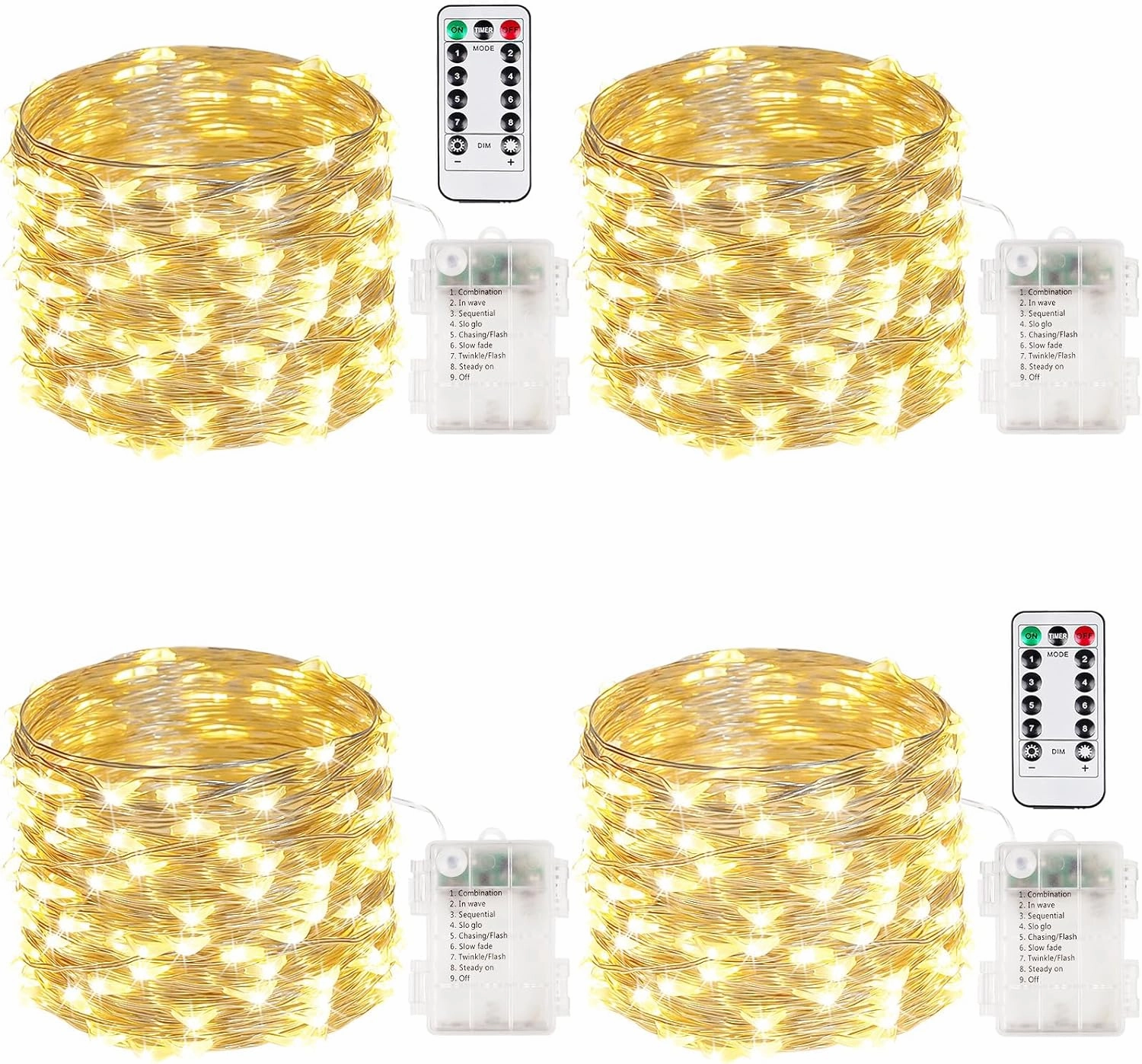 4 Pack 100 LED Fairy Lights Battery Operated with Remote, 33FT Waterproof Twinkle Lights with Timer & 8 Modes, Fairy String Light Outdoor Indoor for Bedroom Classroom DIY Christmas Decor (Warm White)