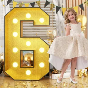4FT Marquee 6 Numbers, Light Up Numbers 6 Mosaic Numbers Glitter Gold Black Light Up Letter Pre-Cut Foam Board Sign Marquee for Birthday Party Decorations, Wedding, DIY Anniversaries