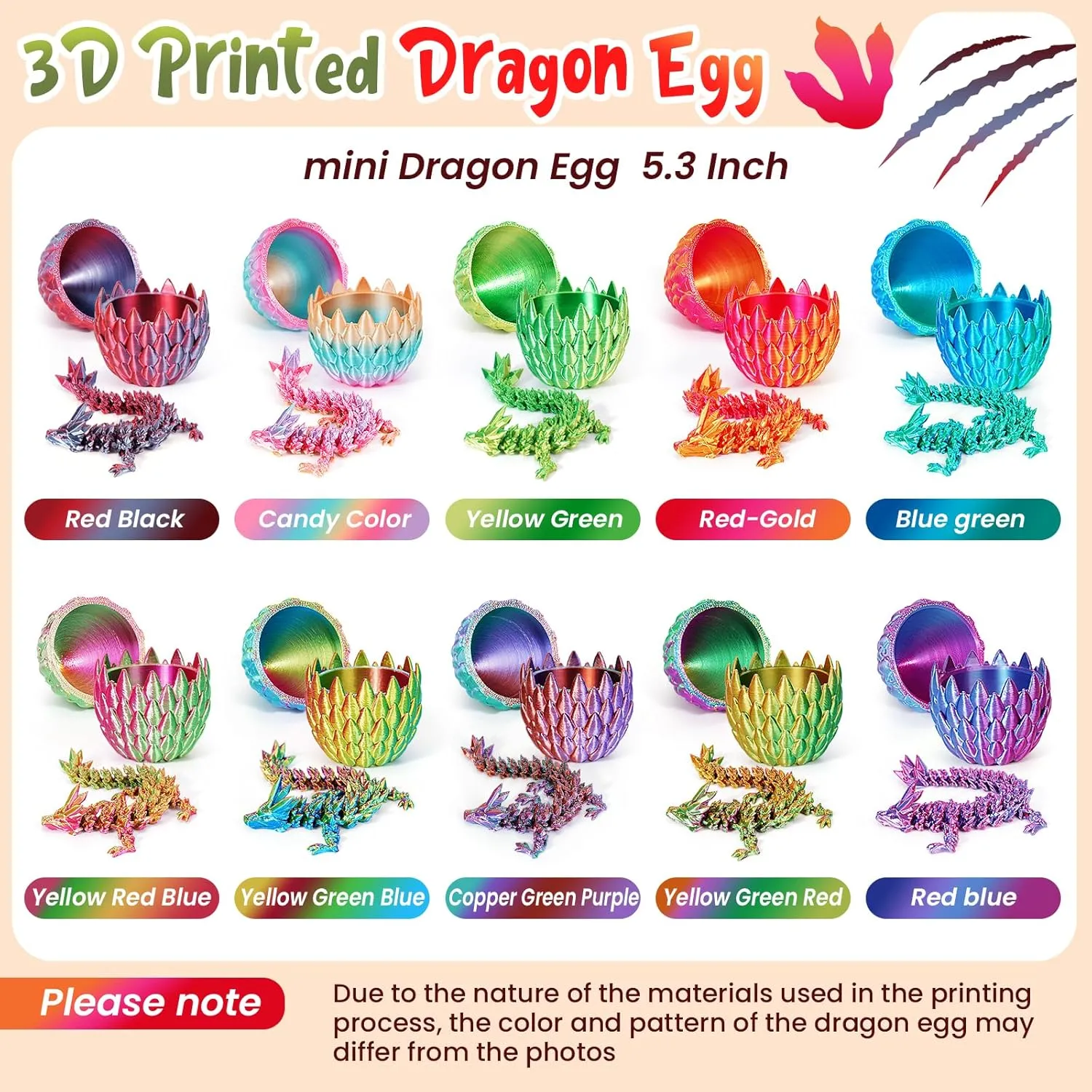 4PC 3D Printed Dragon in Egg,Dragon Eggs with Dragon Inside,Mini Articulated Crystal Dragon Fidget Toys,Mystery Dragon Egg Fidget Toy, Mystery 3D Printed Animals Set