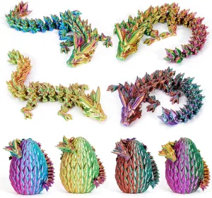 4PC 3D Printed Dragon in Egg,Dragon Eggs with Dragon Inside,Mini Articulated Crystal Dragon Fidget Toys,Mystery Dragon Egg Fidget Toy, Mystery 3D Printed Animals Set
