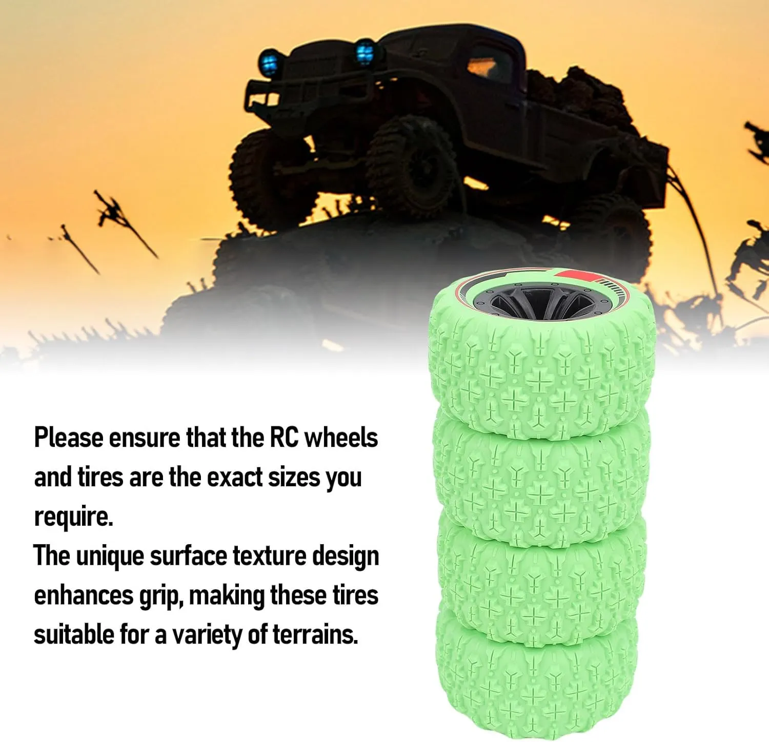 4PCS 12mm Hex RC Wheel Tire Extra Large Mud Terrain Tires with Anti Skid Surface Aluminum Alloy Beadlock Wheels for 1/14 1/16 RC Car Crawler Truck (Green)