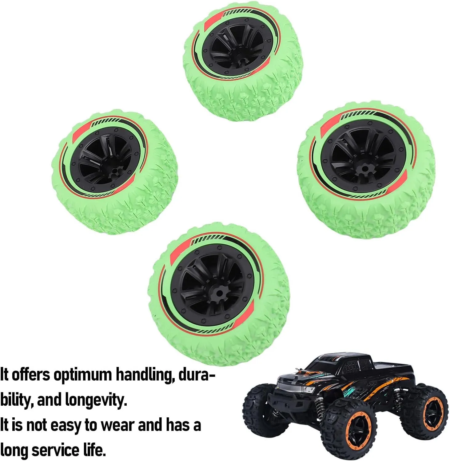 4PCS 12mm Hex RC Wheel Tire Extra Large Mud Terrain Tires with Anti Skid Surface Aluminum Alloy Beadlock Wheels for 1/14 1/16 RC Car Crawler Truck (Green)