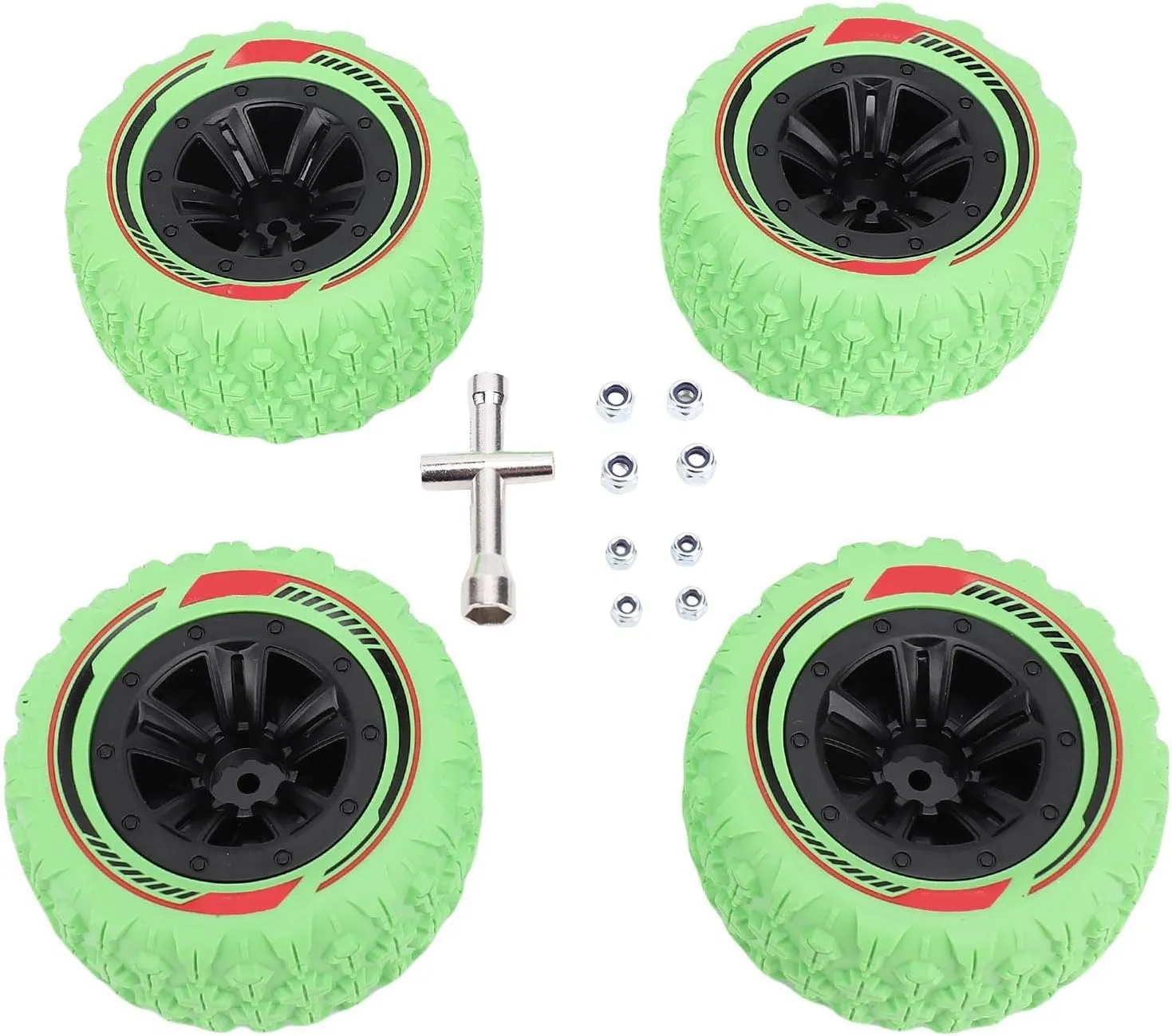 4PCS 12mm Hex RC Wheel Tire Extra Large Mud Terrain Tires with Anti Skid Surface Aluminum Alloy Beadlock Wheels for 1/14 1/16 RC Car Crawler Truck (Green)