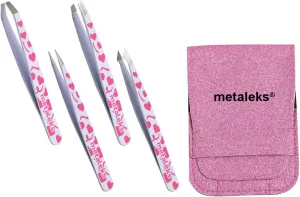 4Pcs EyeBrow Tweezers set With Straight, Slanted, Pointed Tweezers in White Color on Pink Heart painted in Pink Glitter Pouch