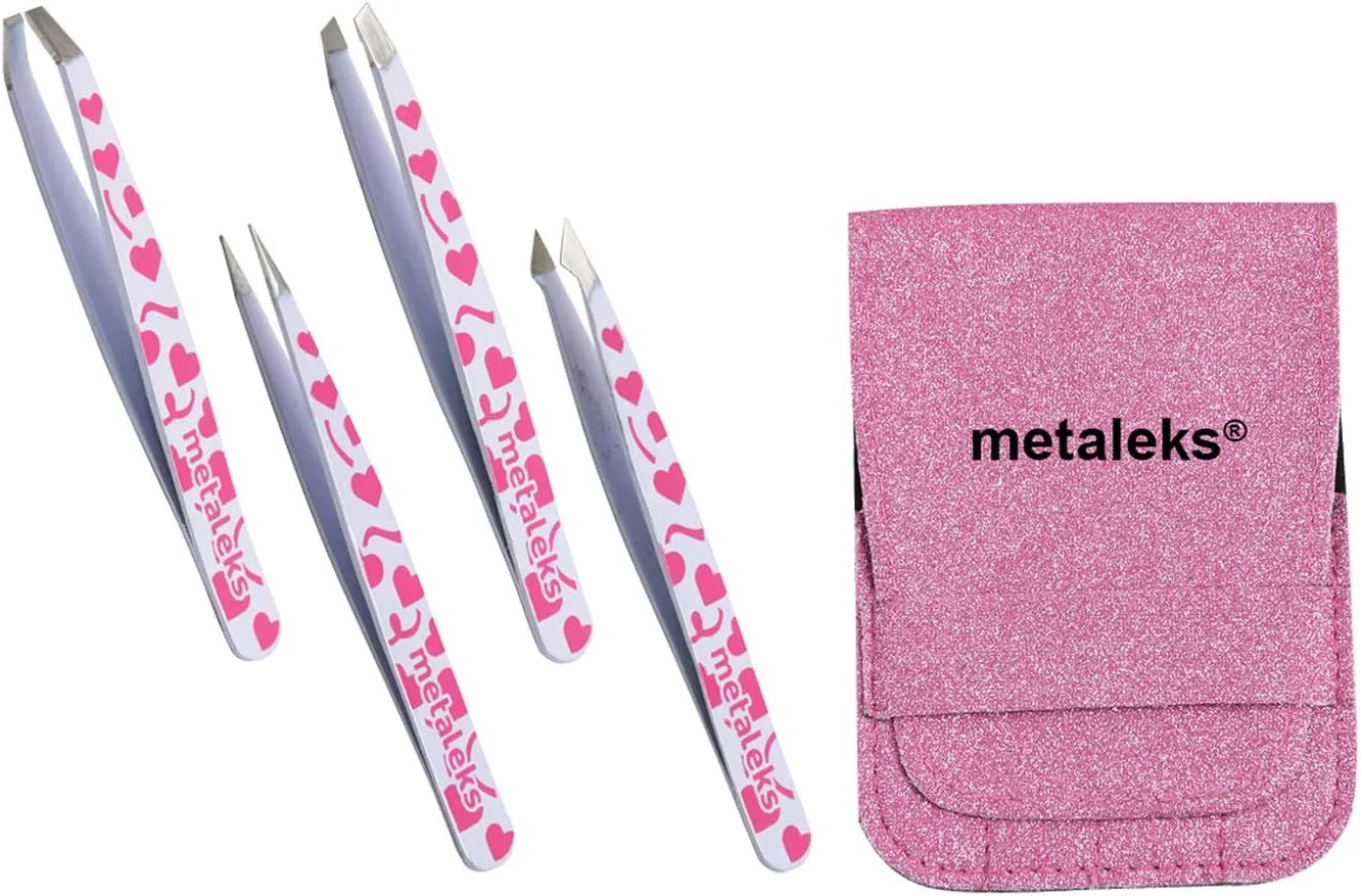 4Pcs EyeBrow Tweezers set With Straight, Slanted, Pointed Tweezers in White Color on Pink Heart painted in Pink Glitter Pouch