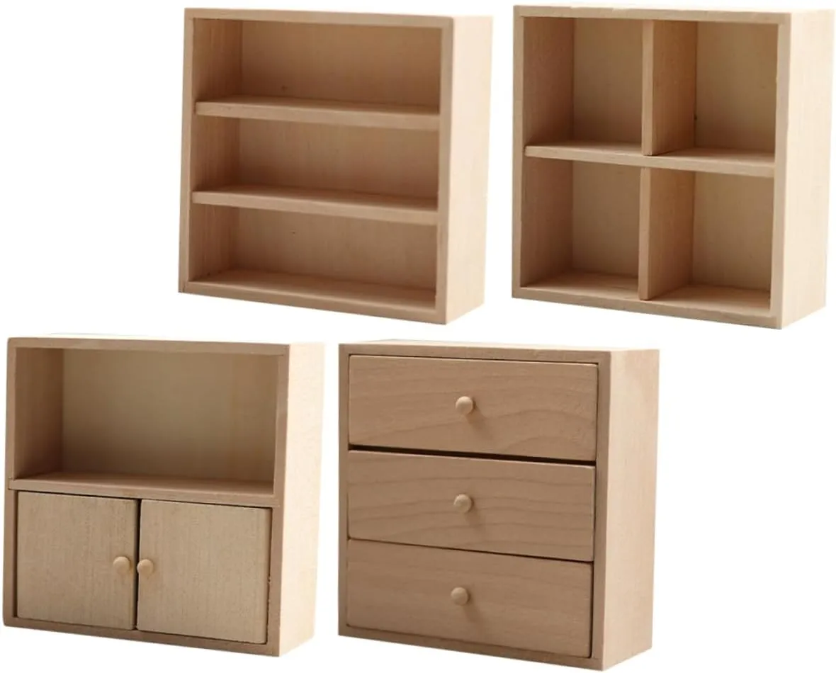 4pcs Miniature Wooden Cabinet DIY Dollhouse Furniture for Living Room Kitchen Tiny House Accessories Realistic Craftsmanship Solid Creative Learning