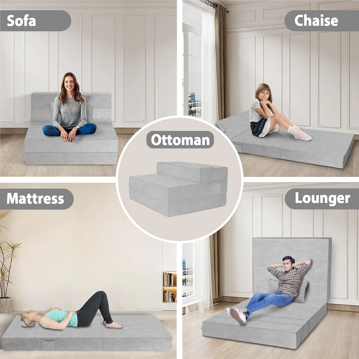 5 in 1 Folding Sofa Bed, Twin Size Convertible Sleeper Chair with Pillow, Memory Foam Futon Couch, Velvet Fabric Washable Mattress for Living Room, Dorm, Guest, Office, Apartment, Light Gray