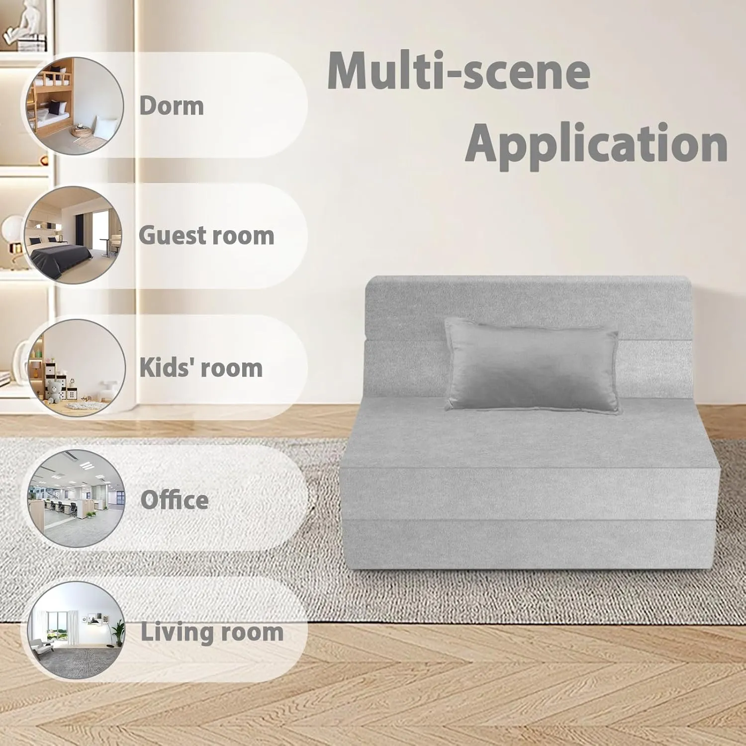 5 in 1 Folding Sofa Bed, Twin Size Convertible Sleeper Chair with Pillow, Memory Foam Futon Couch, Velvet Fabric Washable Mattress for Living Room, Dorm, Guest, Office, Apartment, Light Gray