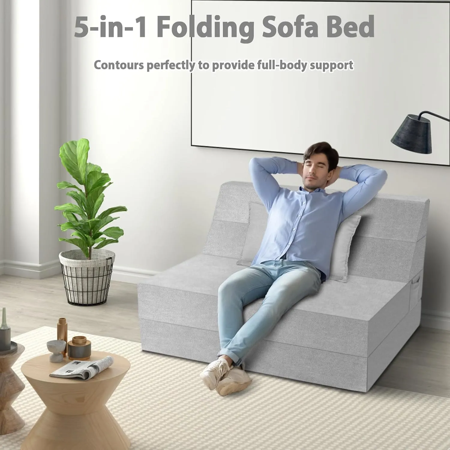 5 in 1 Folding Sofa Bed, Twin Size Convertible Sleeper Chair with Pillow, Memory Foam Futon Couch, Velvet Fabric Washable Mattress for Living Room, Dorm, Guest, Office, Apartment, Light Gray