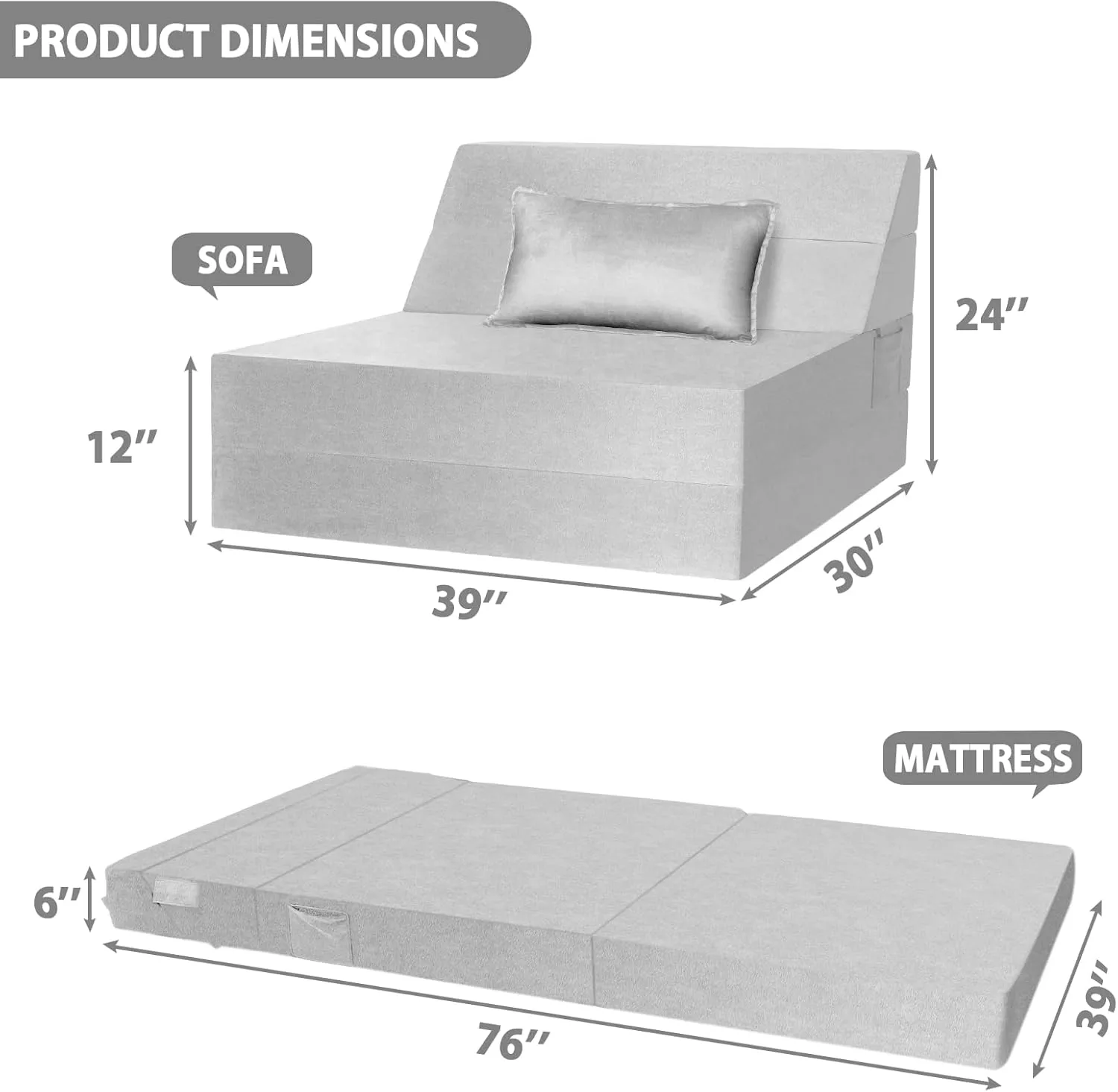 5 in 1 Folding Sofa Bed, Twin Size Convertible Sleeper Chair with Pillow, Memory Foam Futon Couch, Velvet Fabric Washable Mattress for Living Room, Dorm, Guest, Office, Apartment, Light Gray