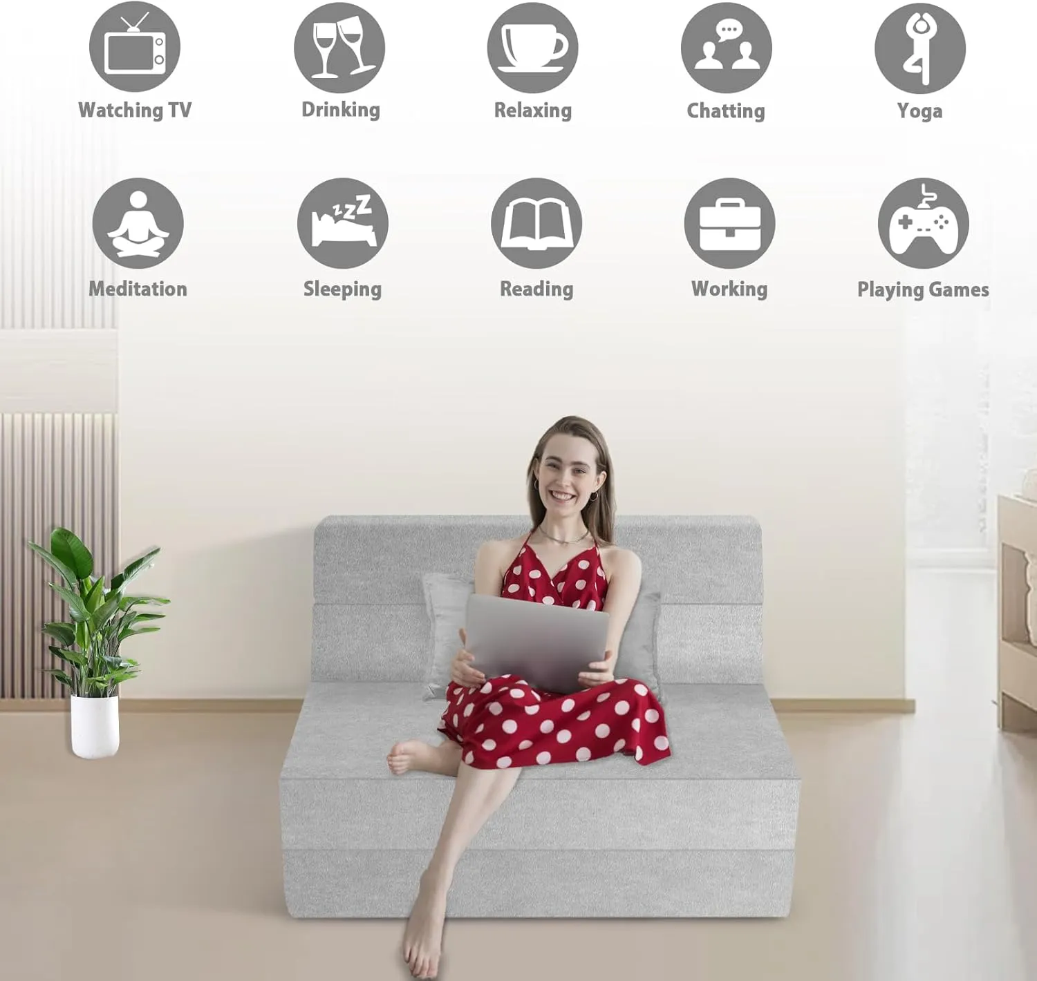 5 in 1 Folding Sofa Bed, Twin Size Convertible Sleeper Chair with Pillow, Memory Foam Futon Couch, Velvet Fabric Washable Mattress for Living Room, Dorm, Guest, Office, Apartment, Light Gray