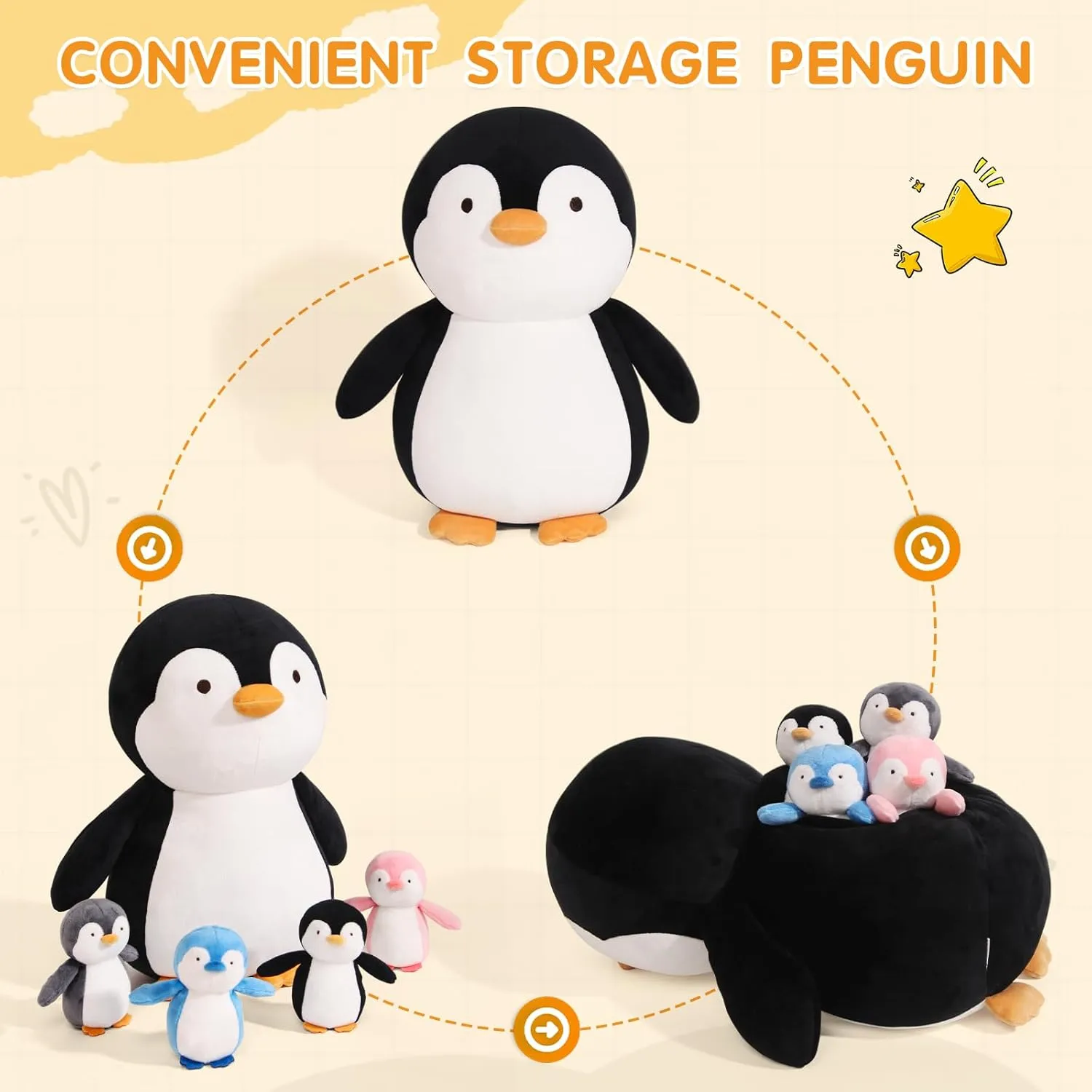 5 Pieces Penguin Stuffer Animals Set, Giant 16 Inch Mommy Penguin Plush Toy with 4 Cute Babies Plushies in Her Zippered Tummy, Soft Cuddle Plushy Gifts for Kids Girls Boys, Birthday