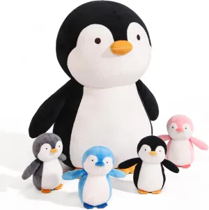 5 Pieces Penguin Stuffer Animals Set, Giant 16 Inch Mommy Penguin Plush Toy with 4 Cute Babies Plushies in Her Zippered Tummy, Soft Cuddle Plushy Gifts for Kids Girls Boys, Birthday