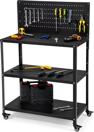 50.4 X 33.4 Inch Workbench,Heavy Duty 200LBS Steel Work Bench with Pegboard and Lockable Wheels, Rolling Tool Storage Work Table for Garage Workshop Warehouse (50.4" X 33.4")