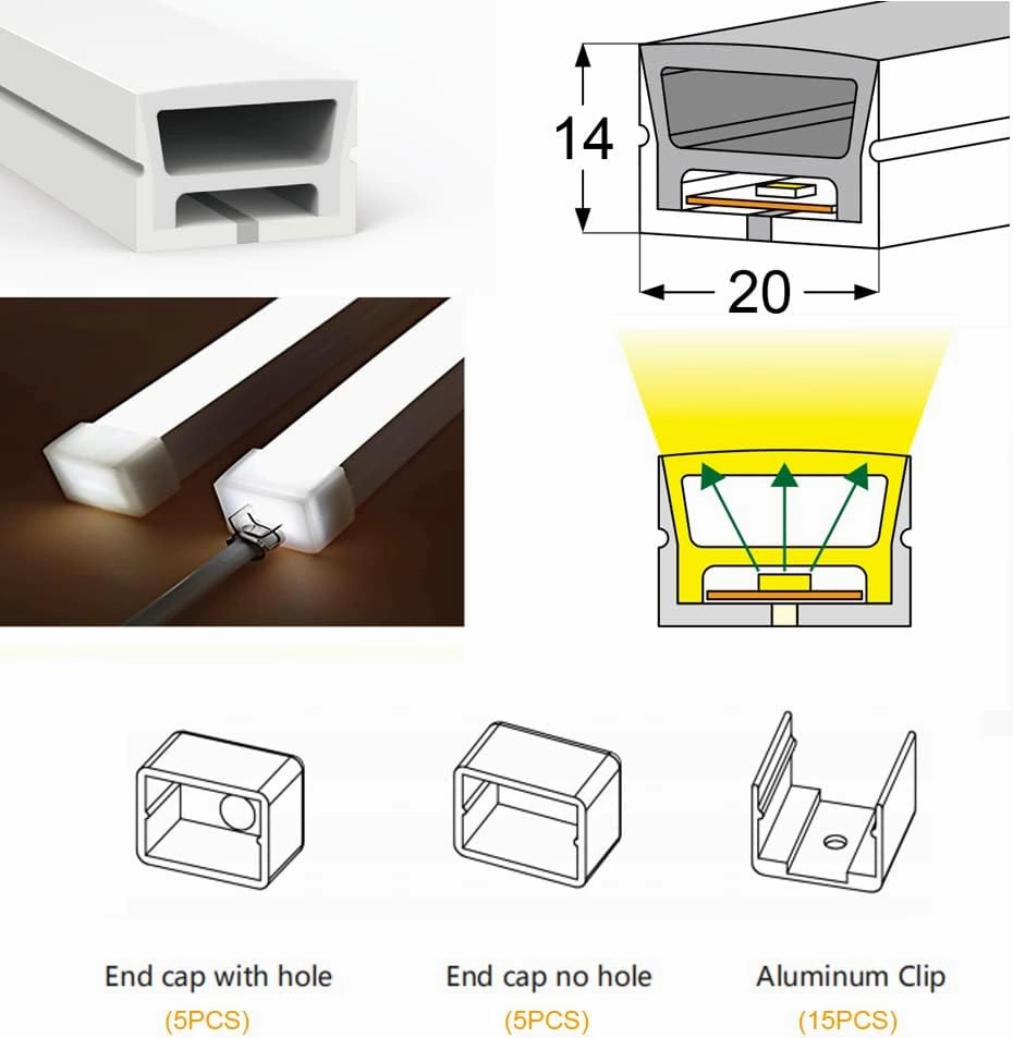 5M/16.5ft Silicone Channel System for 12mm DIY LED Neon Rope Light Strip, 20x14mm Flexible Tube Housing Profile, New Aluminum Extrusion Substitutes Waterproof IP67