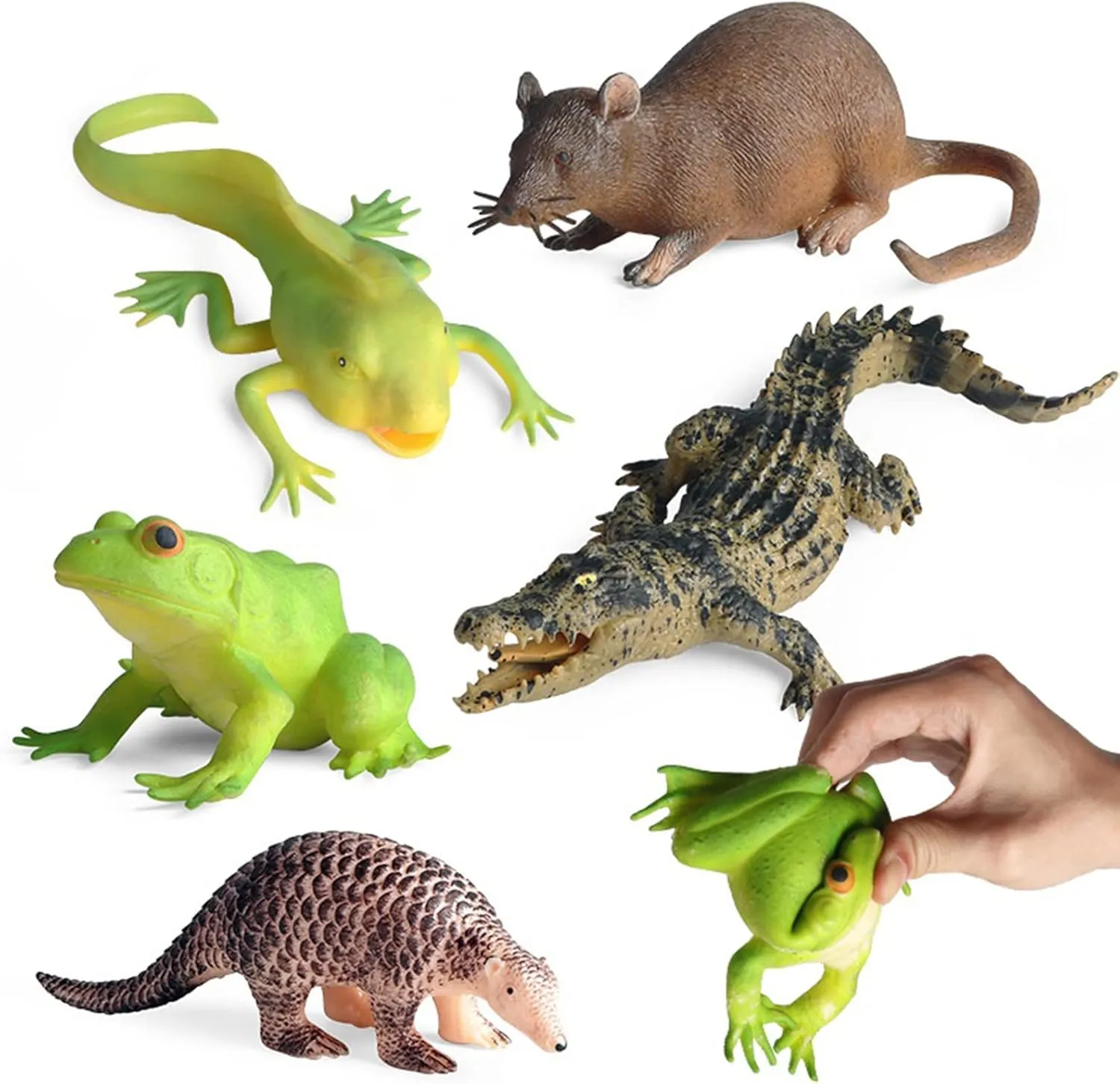 5PCS Soft Rubber Squishy Toys, TPR Super Stretch Animal Toys for Kids, Rubber Animal Figures Set with Frog, Tadpole, Crocodile, Rat, Pangolin
