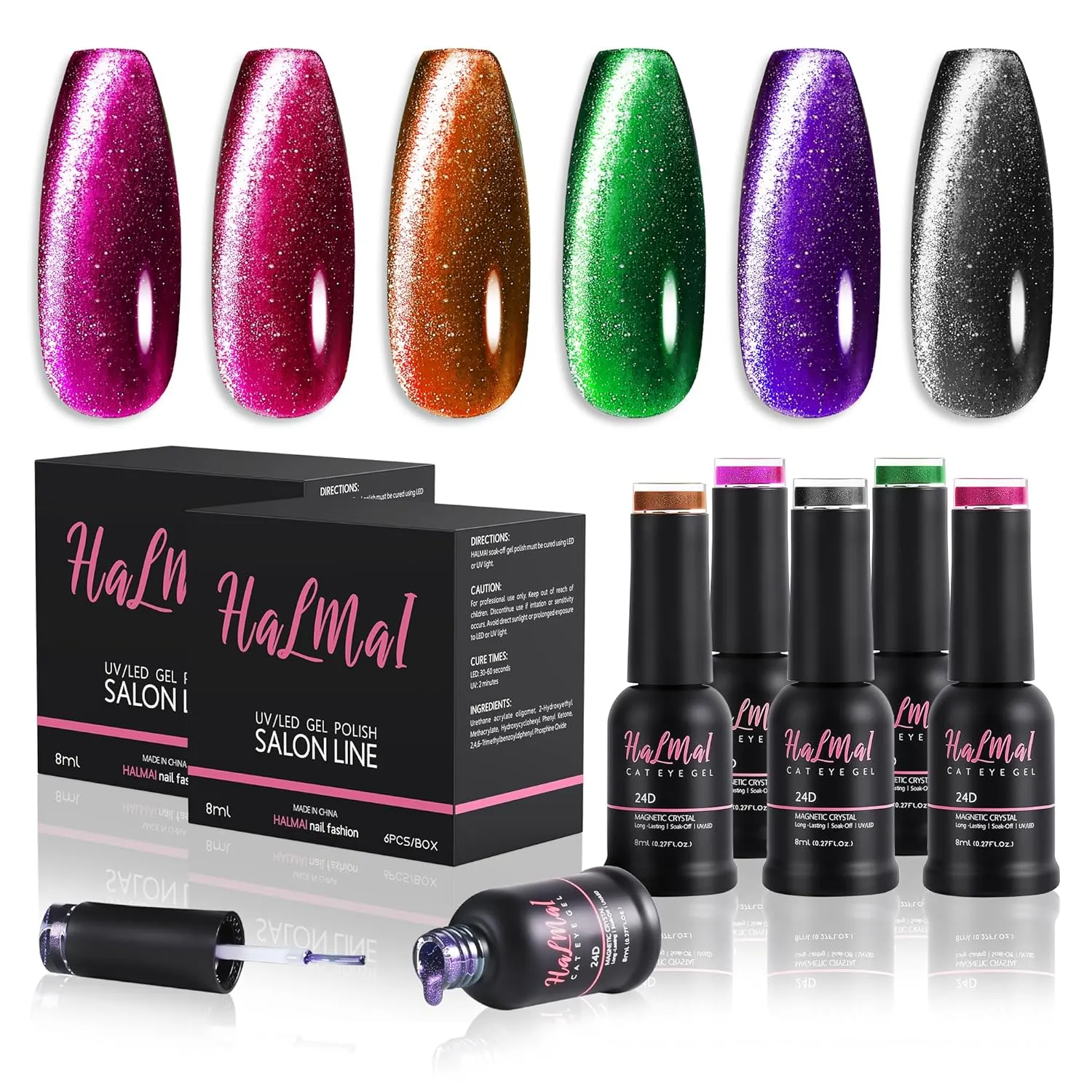 6 Colors 24D Cat Eye Gel Nail Polish,Upgraded Magnetic Gels Polish Kit(Without magnet),Salon Gel Manicure and Nail Art DIY at home,Luminous Reign