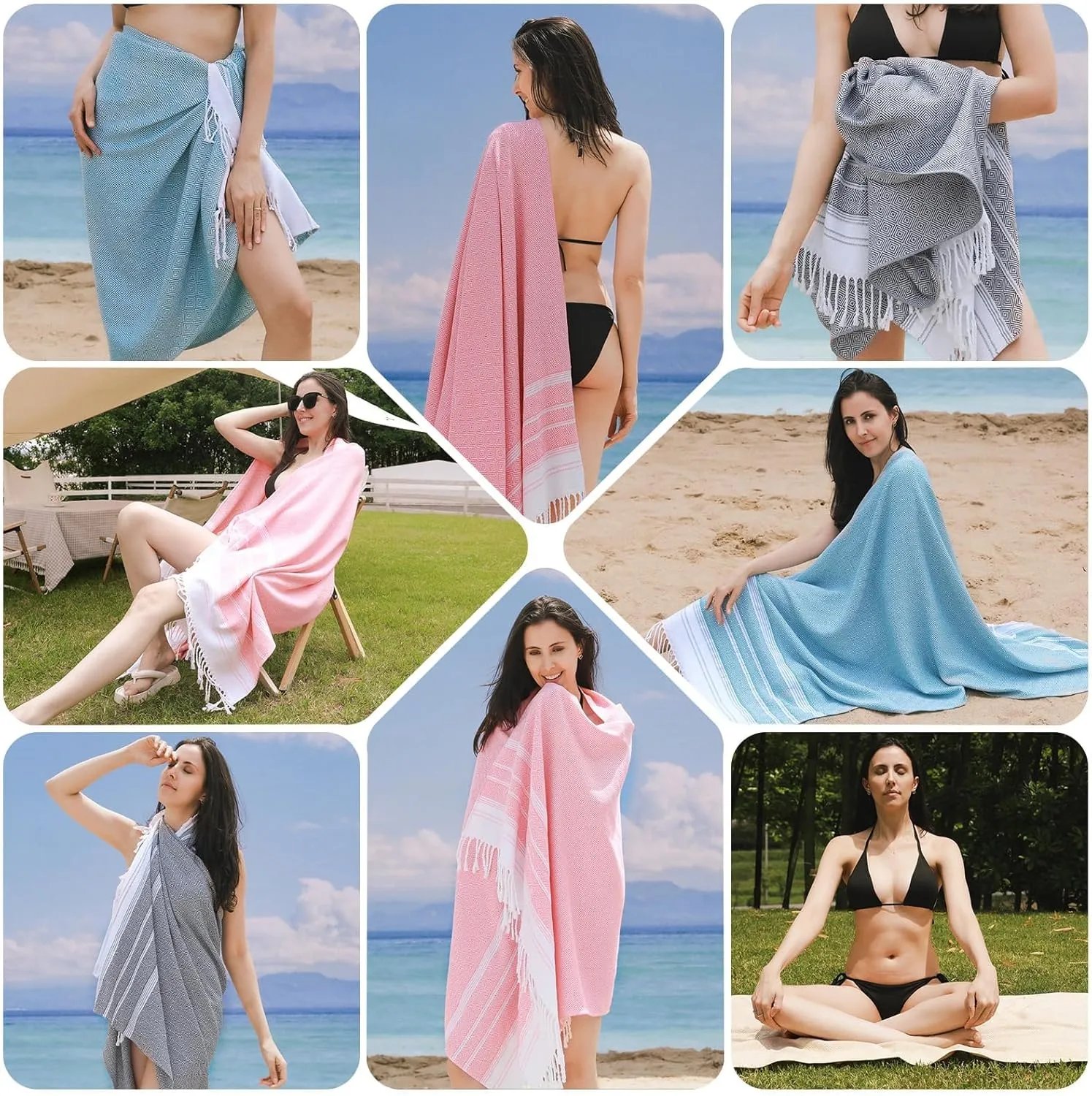 6 Packs Oversized Cotton Turkish Beach Towels Set Bulk 74"x38" Extra Large Sand Free Quick Dry Clearance Swim Bath Camping Pool Towel Travel Blanket Adult Essentials Cruise Accessories Vacation Gift